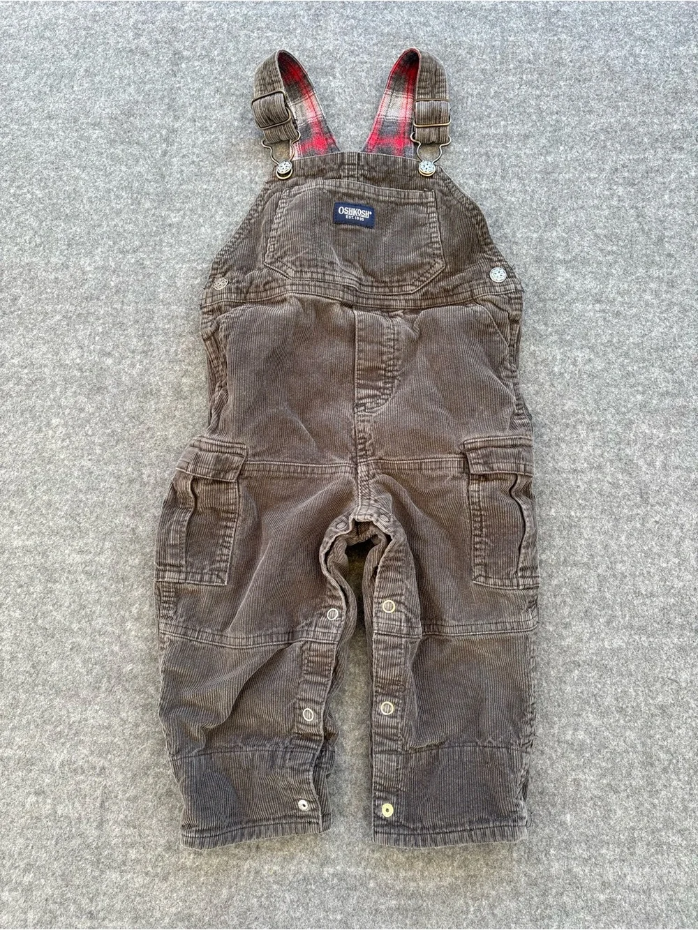 OshKosh brown corduroy overalls with red plaid lining size 18 months